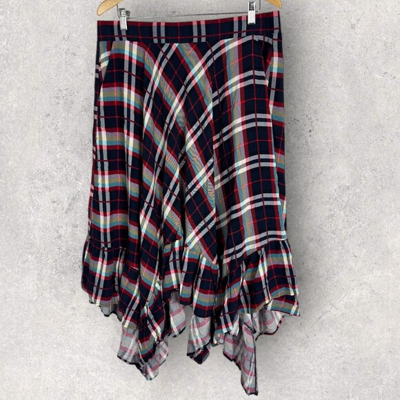 Torrid Plaid Maxi Skirt Womens Size 1X Hanky‎ Hem Challis Blue Red Elastic Waist - Picture 14 of 14